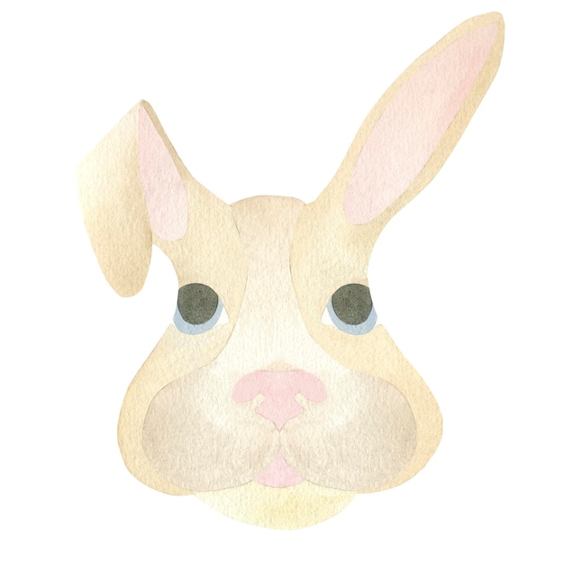 Linda cara de un conejo marrón con ojos azules y una oreja baja Ilustración de acuarela aislada en un