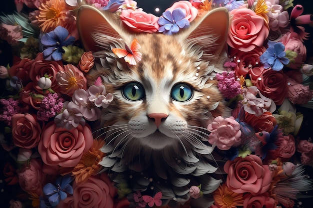 Linda cara de gato bebé cubierta de flores generada por Ai