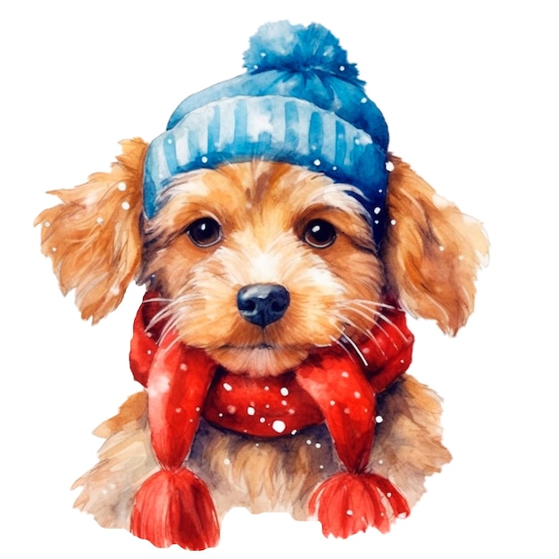 Linda cara de perro de Navidad en gorra roja acuarela ilustración aislada AI generativo