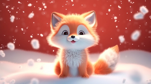Linda caricatura de bebé zorro rojo de ensueño en la nieve invierno genGenerative AI