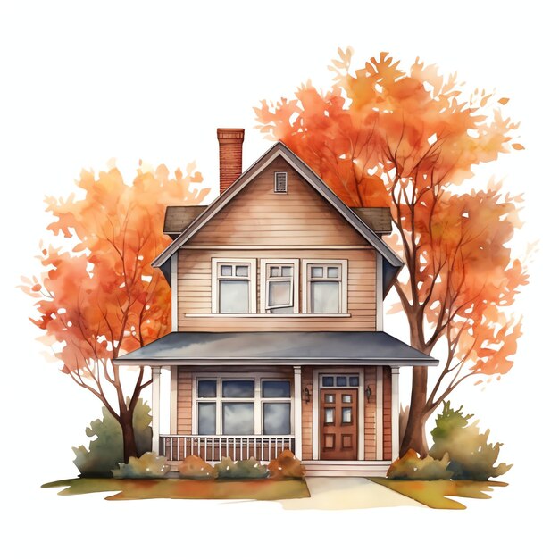 linda casa acuarela ilustración de otoño para planificador o proyecto de bricolaje