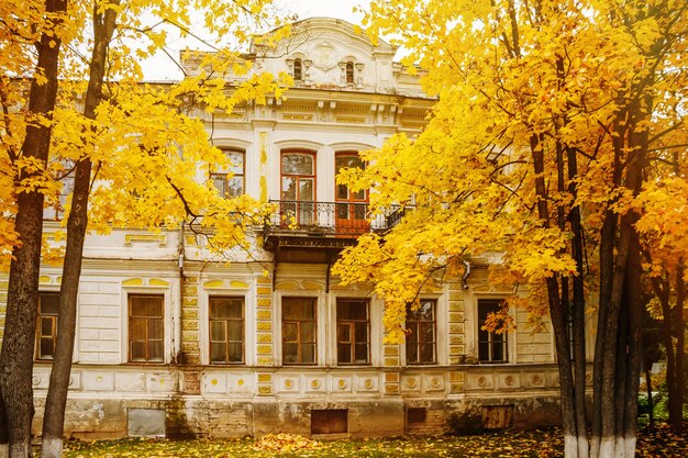 Linda casa antiga entre árvores amarelas de outono