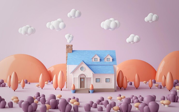 Linda casa de campo en el bosque con color pastel