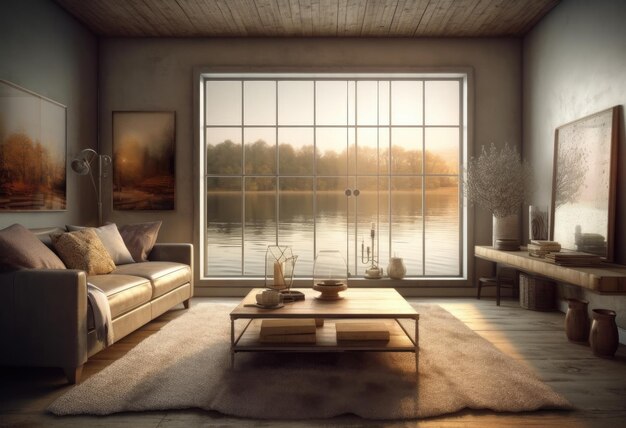 Linda casa de campo rústica com paredes e tetos de madeira Grande janela com vista para o lago e a floresta em um dia ensolarado Design de interiores escandinavo AI Generative