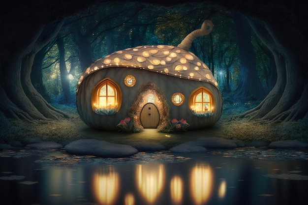 Linda casa de fantasia Casinha de conto de fadas na floresta mágica IA gerada