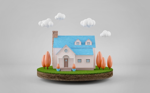Linda casa e nuvens em terra em estilo country com cor pastel
