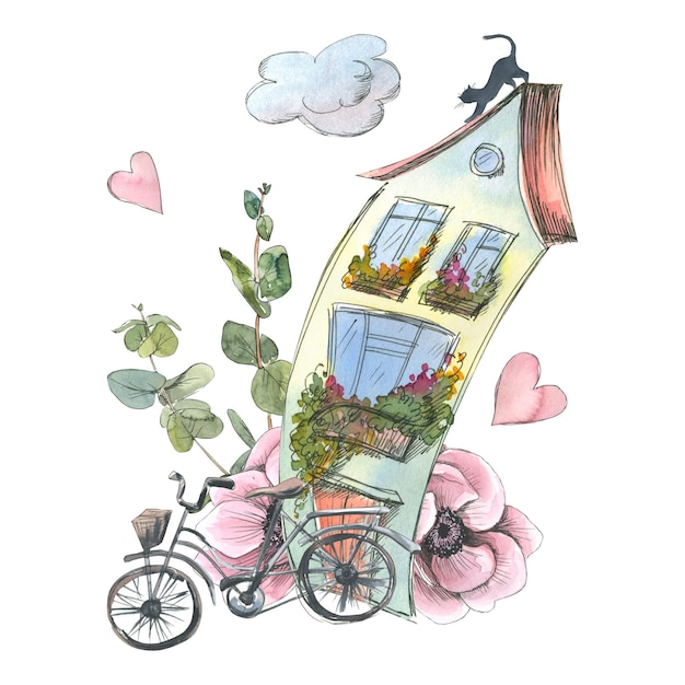 Una linda casa europea con una bicicleta, un gato, anémona rosa, flores, ramitas de eucalipto, corazones y nubes. Ilustración de acuarela en estilo boceto con composición gráfica de la colección de París.