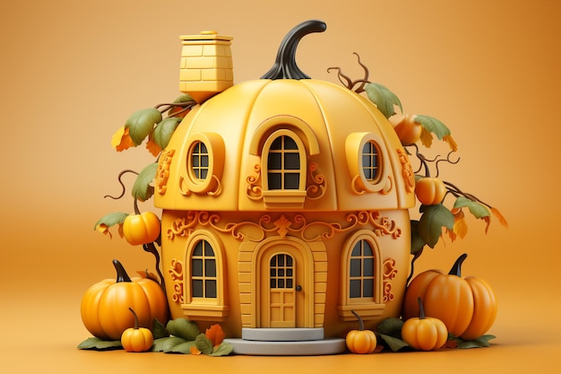 Linda casa en forma de calabaza sobre fondo naranja