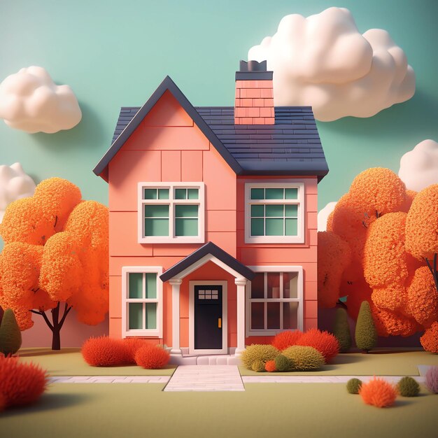 Linda casa ilustración Árboles y arbustos en el fondo 3D Render en colores pastel