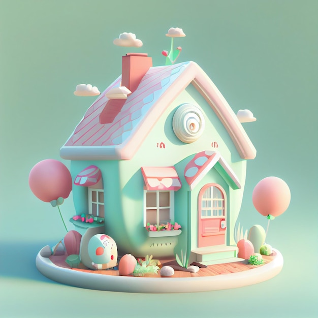 Linda casa kawaii 3d render ilustración en colores pastel