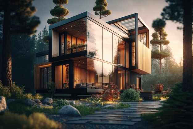 Linda casa moderna design de paisagem verde ilustração Generative AI