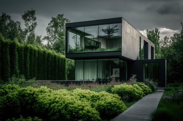 Linda casa moderna design de paisagem verde ilustração Generative AI