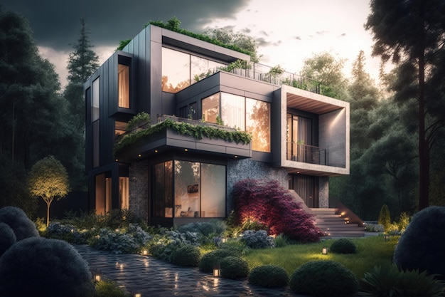 Linda casa moderna design de paisagem verde ilustração Generative AI