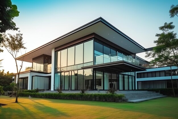 Linda casa moderna exterior com campo de grama Bairro residencial moderno e edifício minimalista