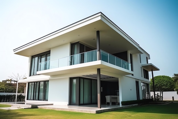 Linda casa moderna exterior com campo de grama Bairro residencial moderno e edifício minimalista