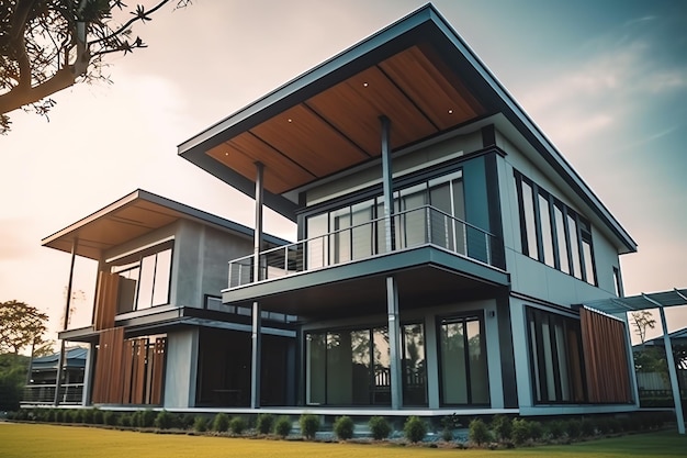 Linda casa moderna exterior com campo de grama Bairro residencial moderno e edifício minimalista