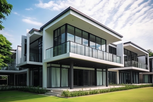 Linda casa moderna exterior com campo de grama Bairro residencial moderno e edifício minimalista