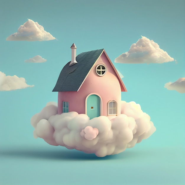 Linda casa na ilustração de renderização 3d da casa dos sonhos das nuvens