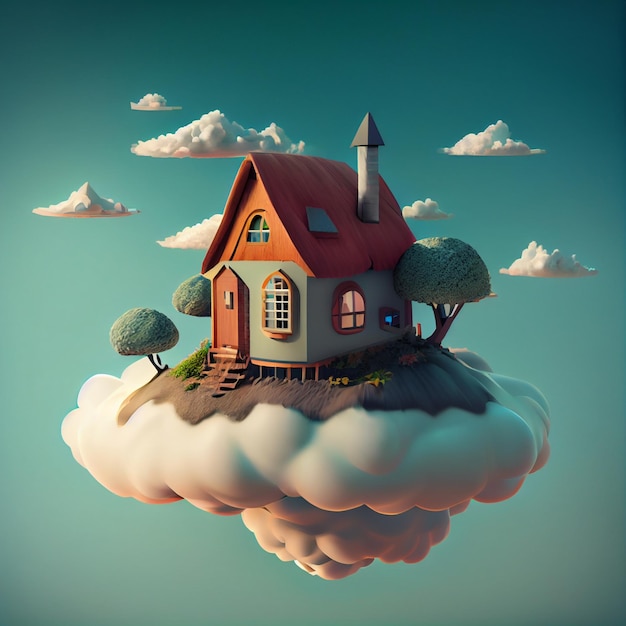 Linda casa en las nubes casa de ensueño 3d render ilustración