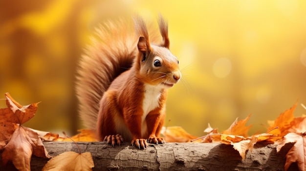 Linda cena de outono com um lindo esquilo vermelho europeu, o esquilo senta-se nas folhas de outono
