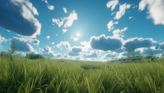 Linda cena de verão nuvens sobre grama verde e céu azul