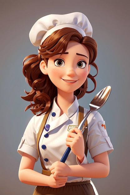 Foto linda chef de personagem uniforme segurando uma ilustração de arte de desenho animado do logotipo do restaurante de comida turner