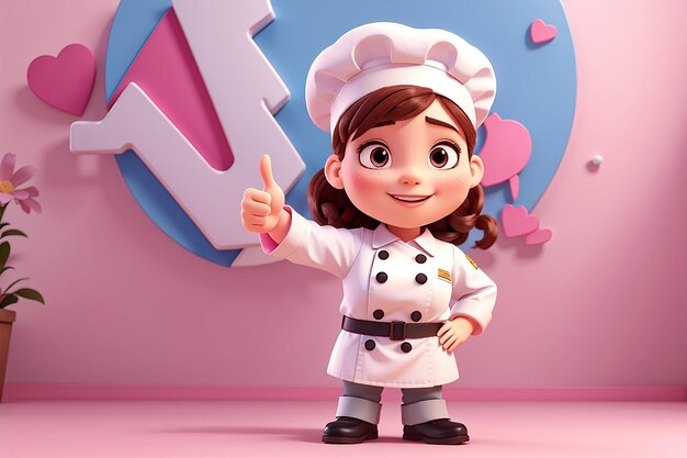 Linda chef de uniforme mostrando polegares para cima sinal logotipo do personagem mascote do restaurante em fundo rosa ilustração 3d desenho animado