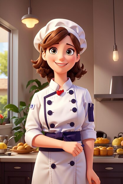 Linda chef sorrindo de uniforme recebendo e convidando seus convidados ilustração de arte de desenho animado