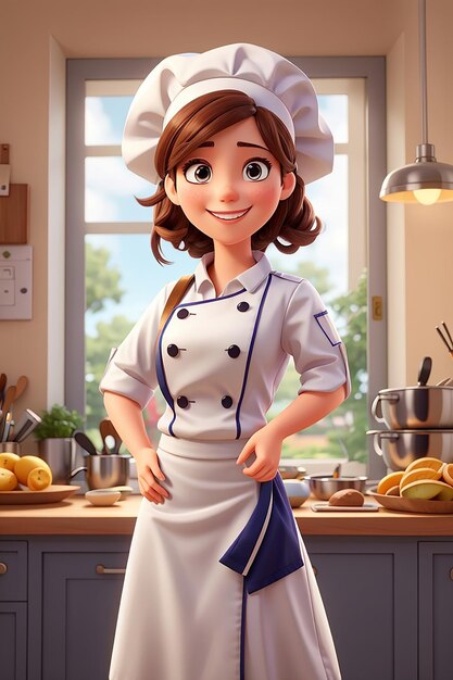 Foto linda chef sorrindo de uniforme recebendo e convidando seus convidados ilustração de arte de desenho animado