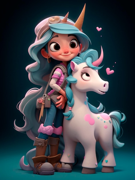 Linda chica 3D con dibujos animados de unicornio