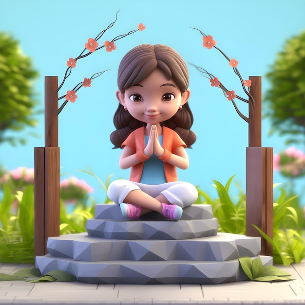 Linda chica 3D sentada en el podio en el jardín Ai generado