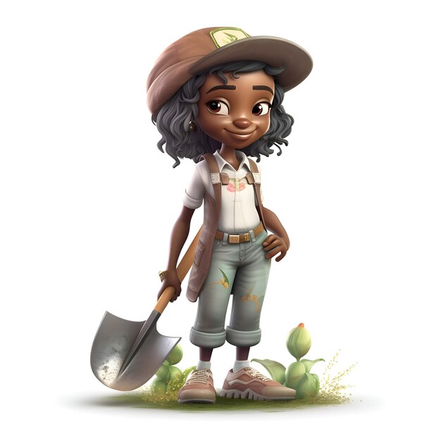 Linda chica afroamericana agricultor con pala sobre fondo blanco.