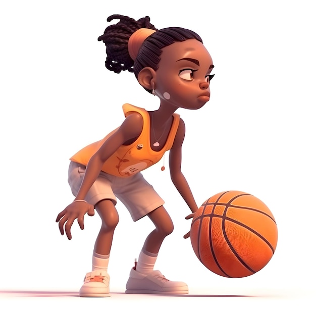 Una linda chica afroamericana jugando al baloncesto en 3D