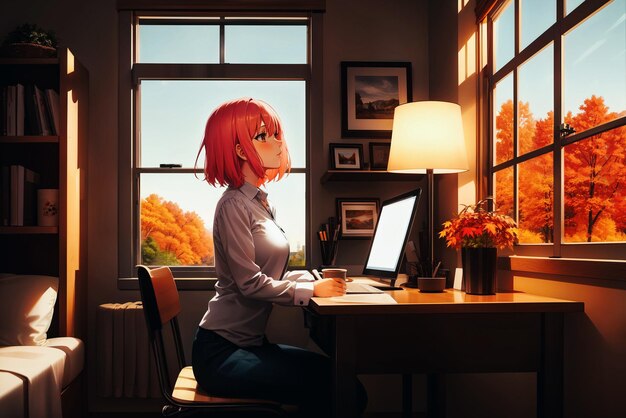 Foto una linda chica anime está sentada en un escritorio en una habitación y admira el paisaje otoñal fuera de la ventana ia generativa