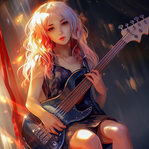 Linda chica anime tocando el bajo