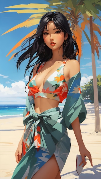 Linda chica asiática en la playa con sombrero
