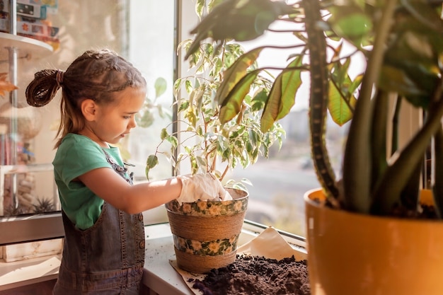 Linda chica ayudando a cuidar las plantas caseras en la ventana del balcón