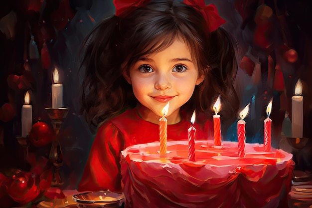 Una linda chica de cabello oscuro soplando velas en un pastel de cumpleaños concepto de vacaciones