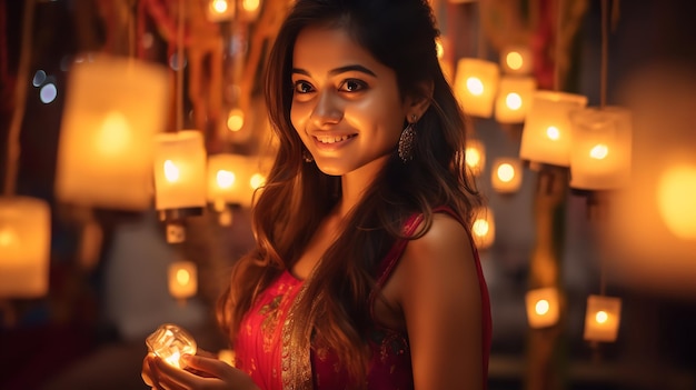 Una linda chica en la celebración de Diwali vistiendo un traje colorido Generative Ai