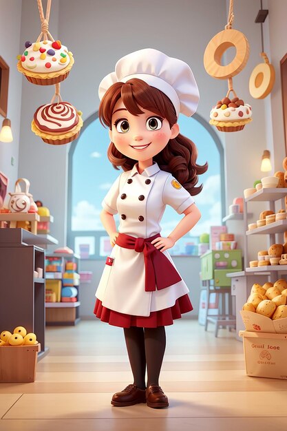 Linda chica chef de panadería sonriendo en mascotas uniformes ilustración de arte de dibujos animados