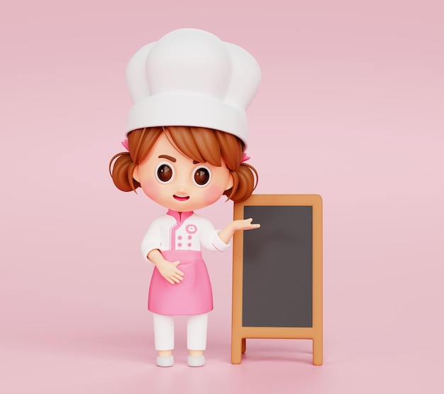 Linda chica chef en uniforme de pie con pizarra en blanco o menú de la tienda Bienvenido al logotipo del personaje de la mascota del restaurante en dibujos animados de ilustración 3d de fondo rosa