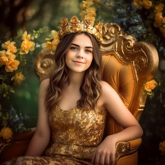 Una linda chica con una corona de flores sentada en una silla decorada con flores.