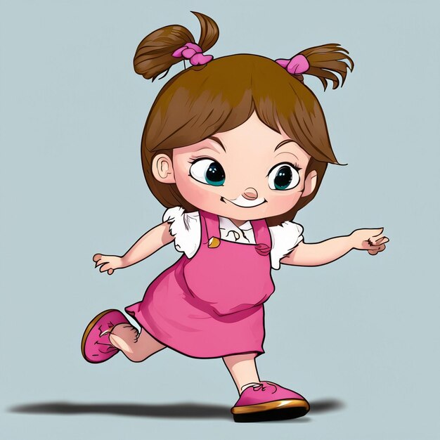 Linda chica en delantal de escuela rosa jugando y corriendo en la escuela