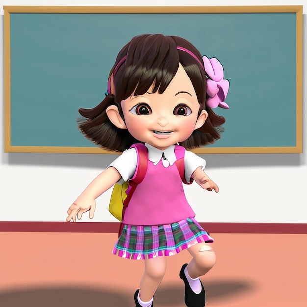 Foto linda chica en delantal de escuela rosa jugando y corriendo en la escuela
