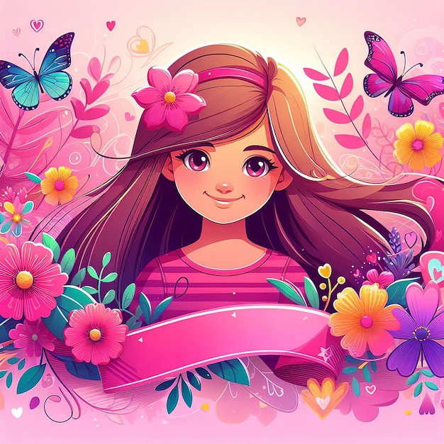 Linda chica de dibujos animados con flores y mariposas sobre fondo rosa 8 de marzo Día Internacional de la Mujer