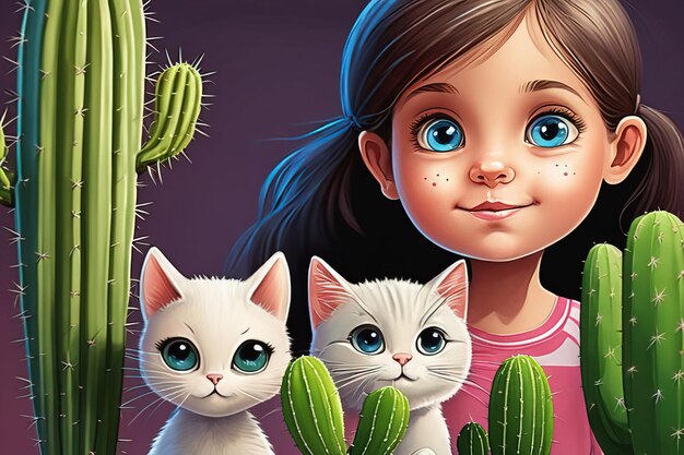 linda chica de dibujos animados con un gato sentado y sonriendo sobre un fondo de un colorido cactus y un gato