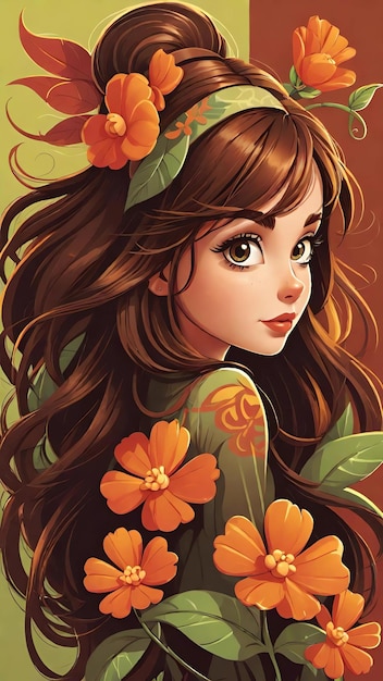 Foto linda chica de dibujos animados con ilustración de flores