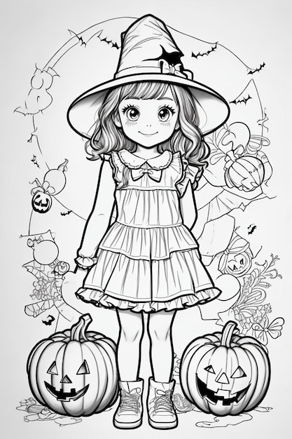 Linda chica de dibujos animados en traje de bruja con calabazas en el fondo de Halloween Dibujo de línea para colorear página