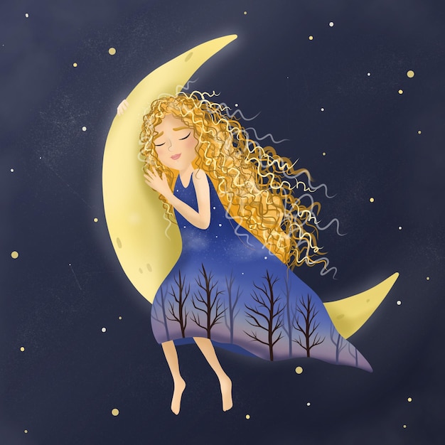 Foto linda chica dormida sentada en la luna estrellas y árboles ilustración mágica y misteriosa