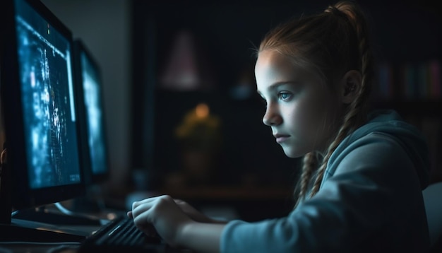 Linda chica escribiendo en la computadora estudiando por la noche generada por IA